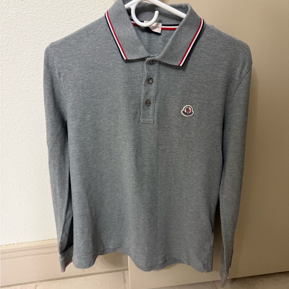 Moncler Gray Polo Shirt with Red and White Accents